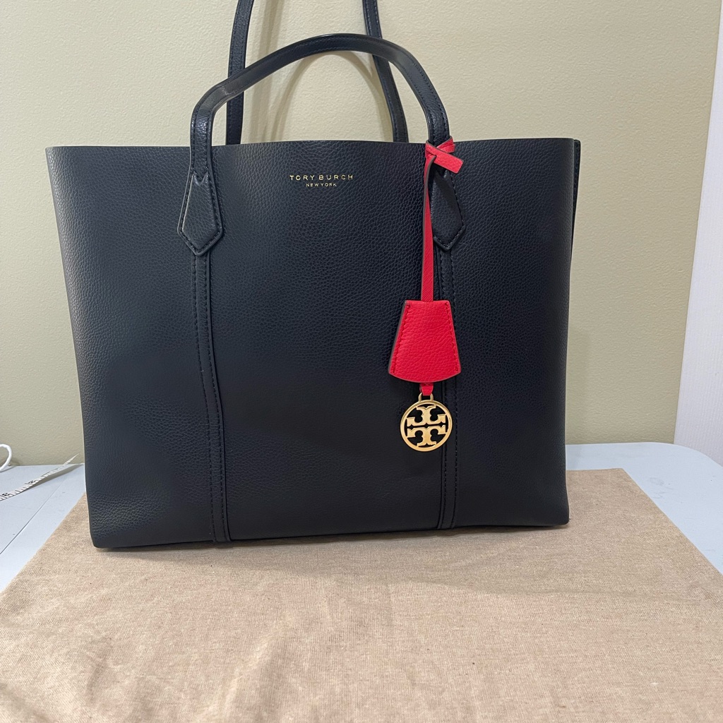Tory Burch Perry Black Tote Bag With Red Accent